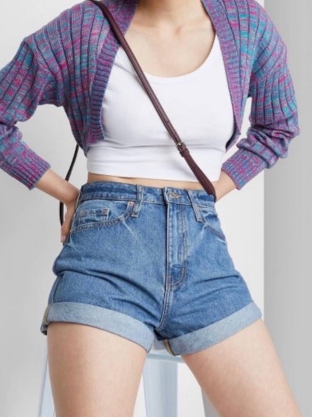 wild fable Medium Blue High-Rise Rolled Cuff Denim Shorts - Happy Embroidered